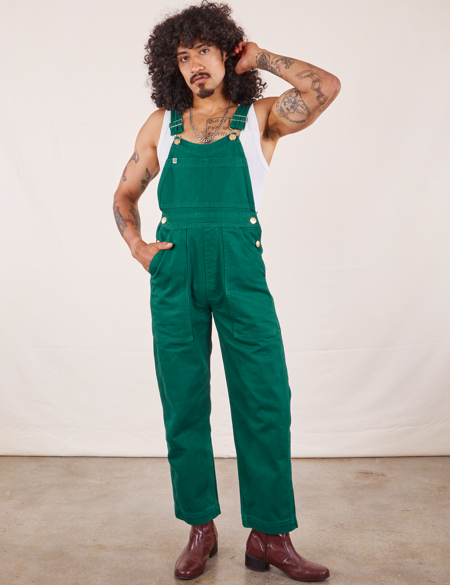 Jesse is 5&#39;8&quot; and wearing XXS Original Overalls in Mono Hunter Green