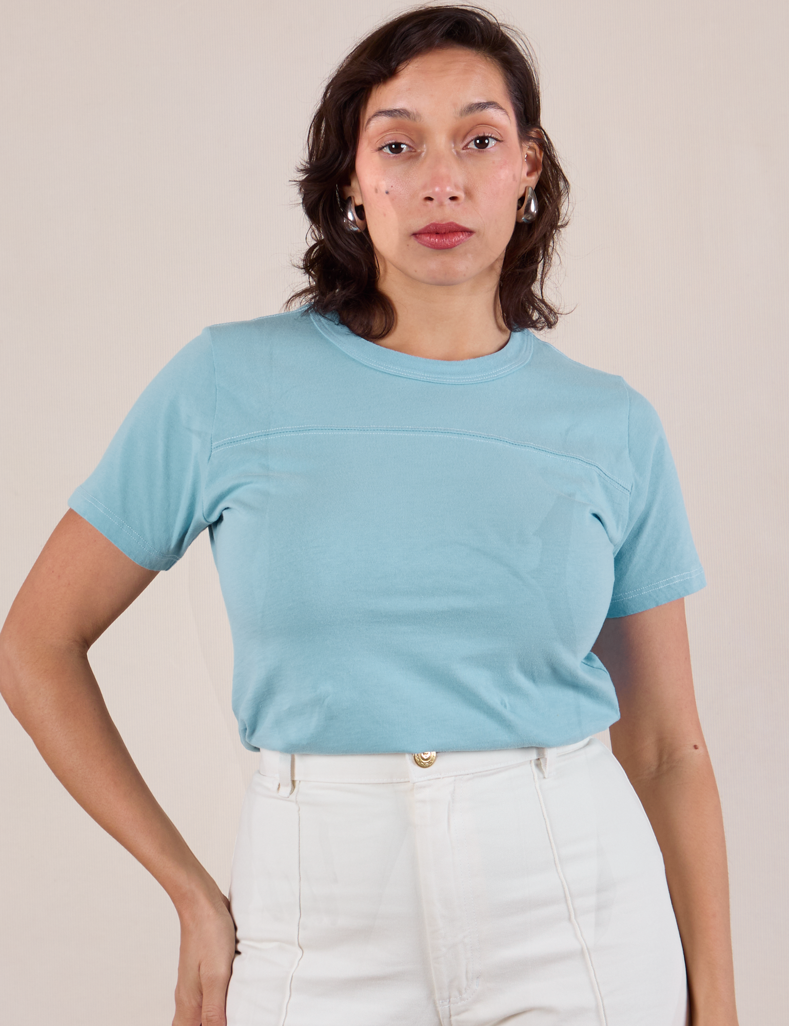 JV Tee in Baby Blue worn by Tiara