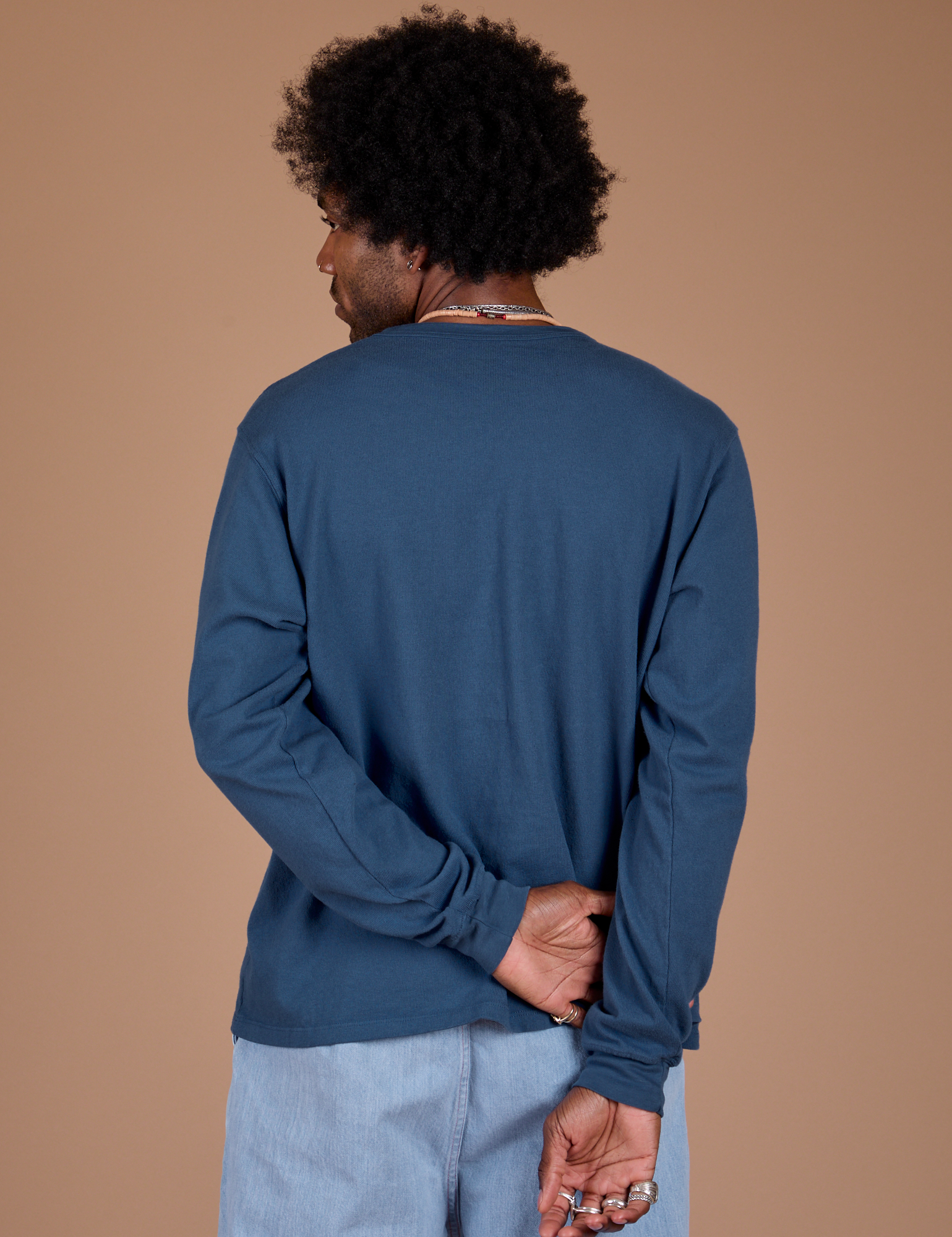 Long Sleeve Burly Tee in French Blue back view on Jerrod