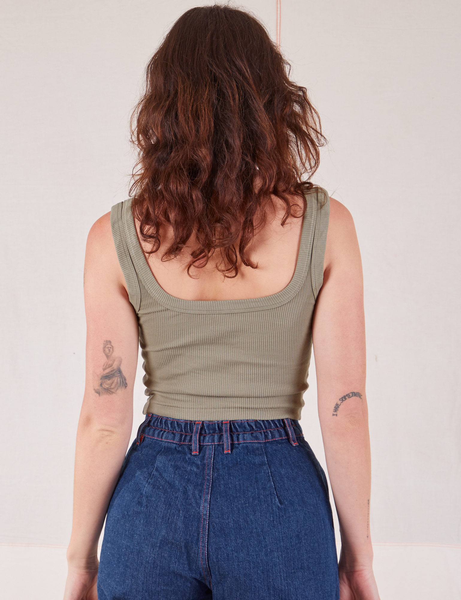 Square Neck Tank in Khaki Grey back view on Alex