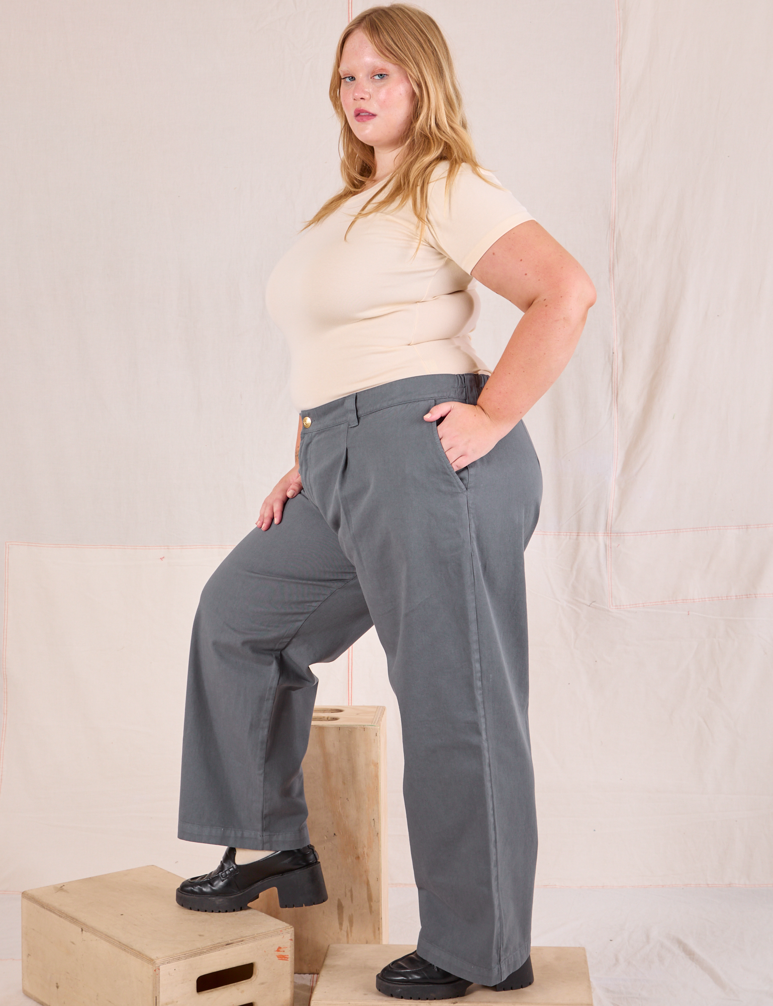 Side view of Mid-Rise Pleated Trousers in Slate Grey and Baby Tee in vintage tee off-white on Juliet