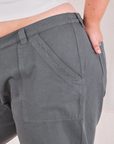 Mid-Rise Work Pants in Slate Grey front pocket close up on Juliet