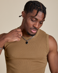 Muscle Tee in Desert Brown front close up on Isaac