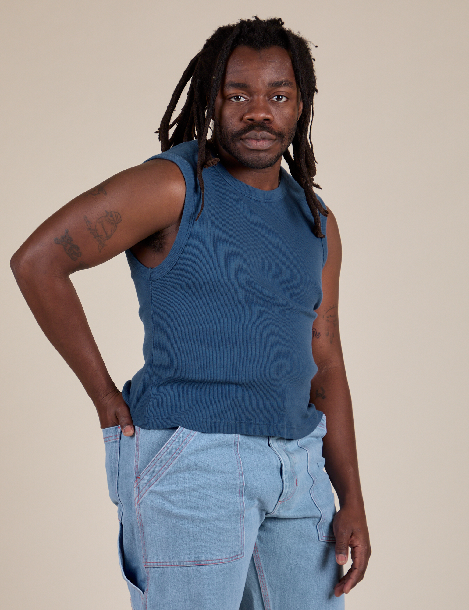 Angled front view of Muscle Tee in French Blue on Demi
