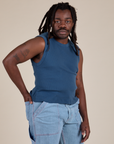 Angled front view of Muscle Tee in French Blue on Demi