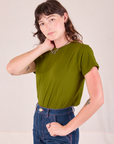 Organic Vintage Tee in Summer Olive angled front view on Alex