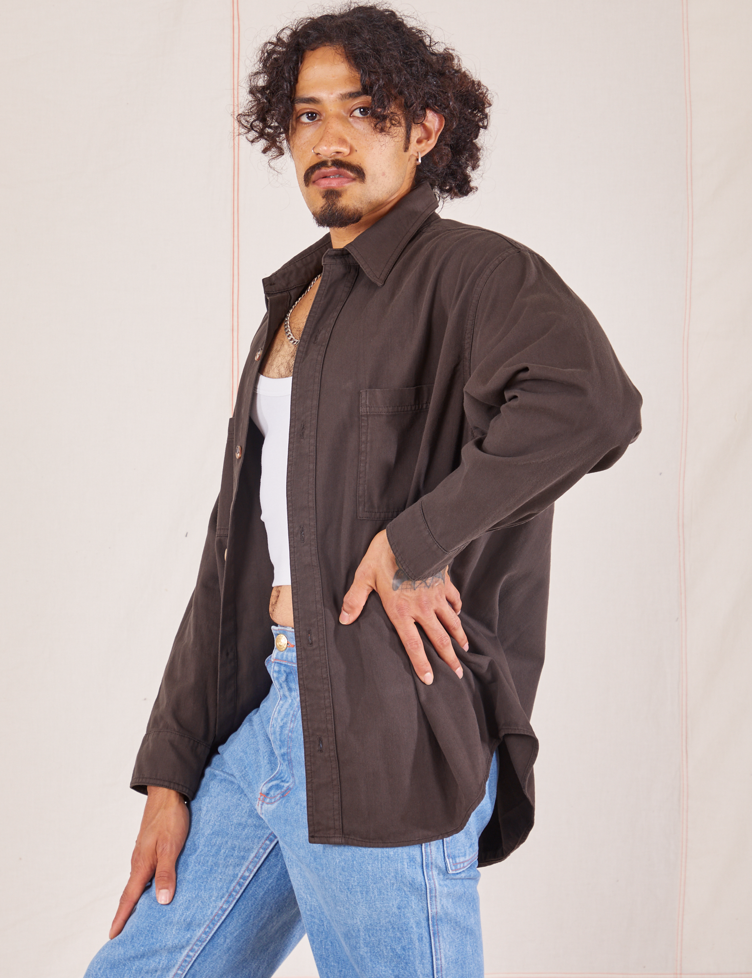 Side view of Oversize Overshirt in Espresso Brown worn by Jesse