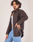 Side view of Oversize Overshirt in Espresso Brown worn by Jesse