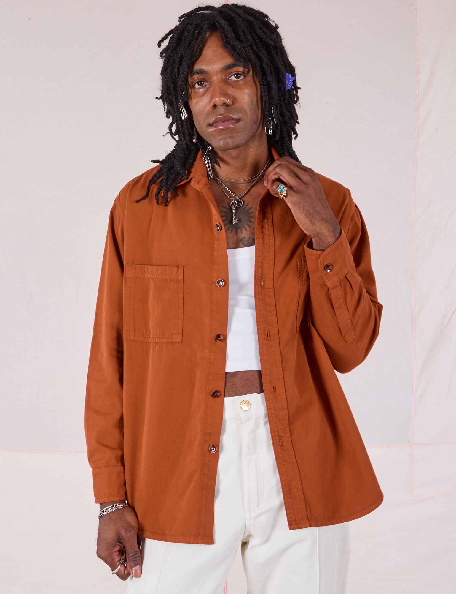 Twill Overshirt in Burnt Terracotta worn by Jerrod