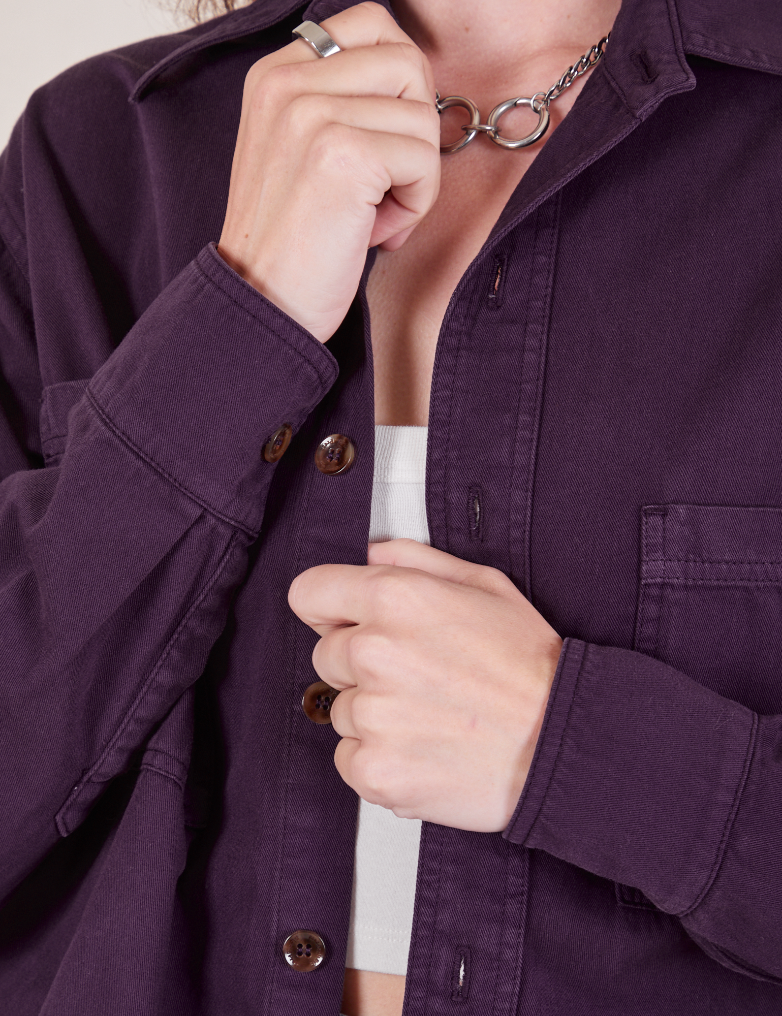 Oversize Overshirt in Nebula Purple front close up on Alex