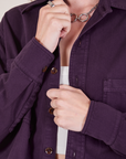 Oversize Overshirt in Nebula Purple front close up on Alex