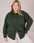 Juliet is 5’7” and wearing L Twill Overshirt in Swamp Green