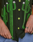 Close up of Paintstamped Pantry Button-Up in Cactus on Alex