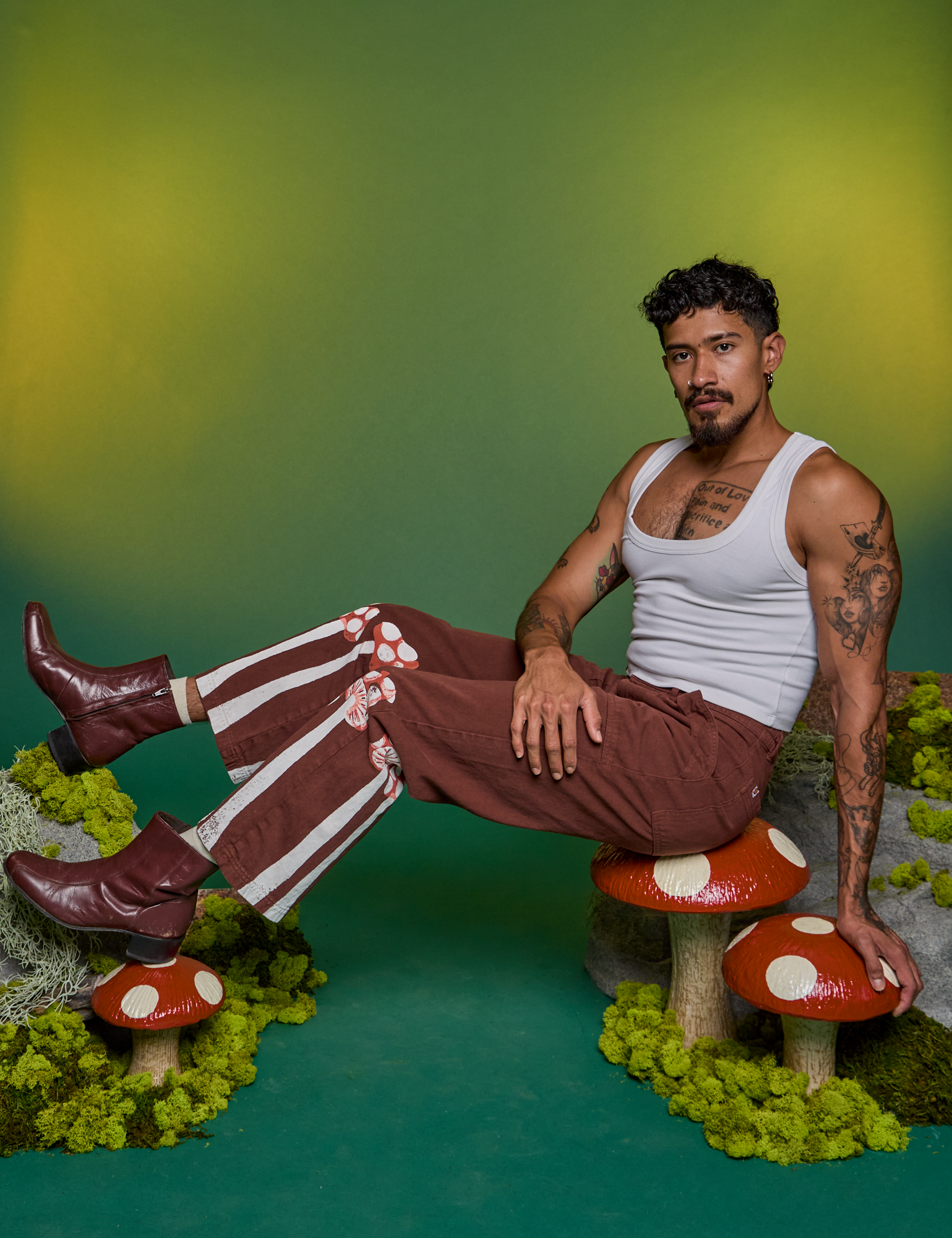 Paintstamped Work Pants in Mushroom and Cropped Tank in Vintage Tee White worn by Jesse