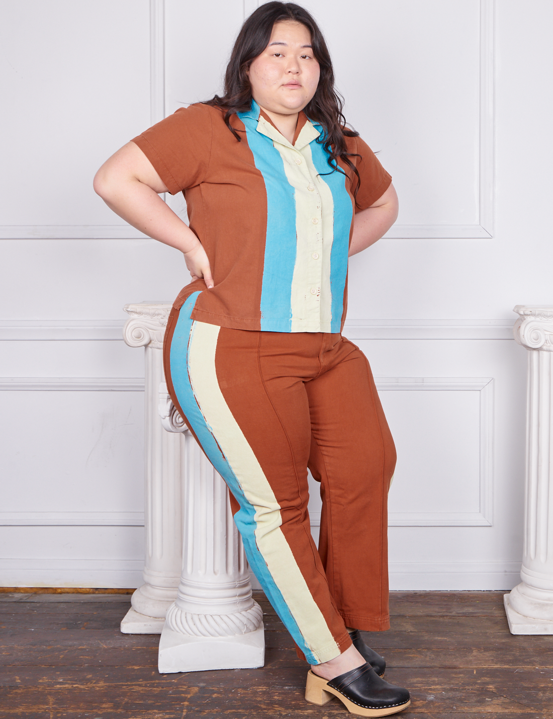 Hand-Painted Stripe Western Pants in Burnt Terracotta and matching Pantry Button-Up worn by Ashley