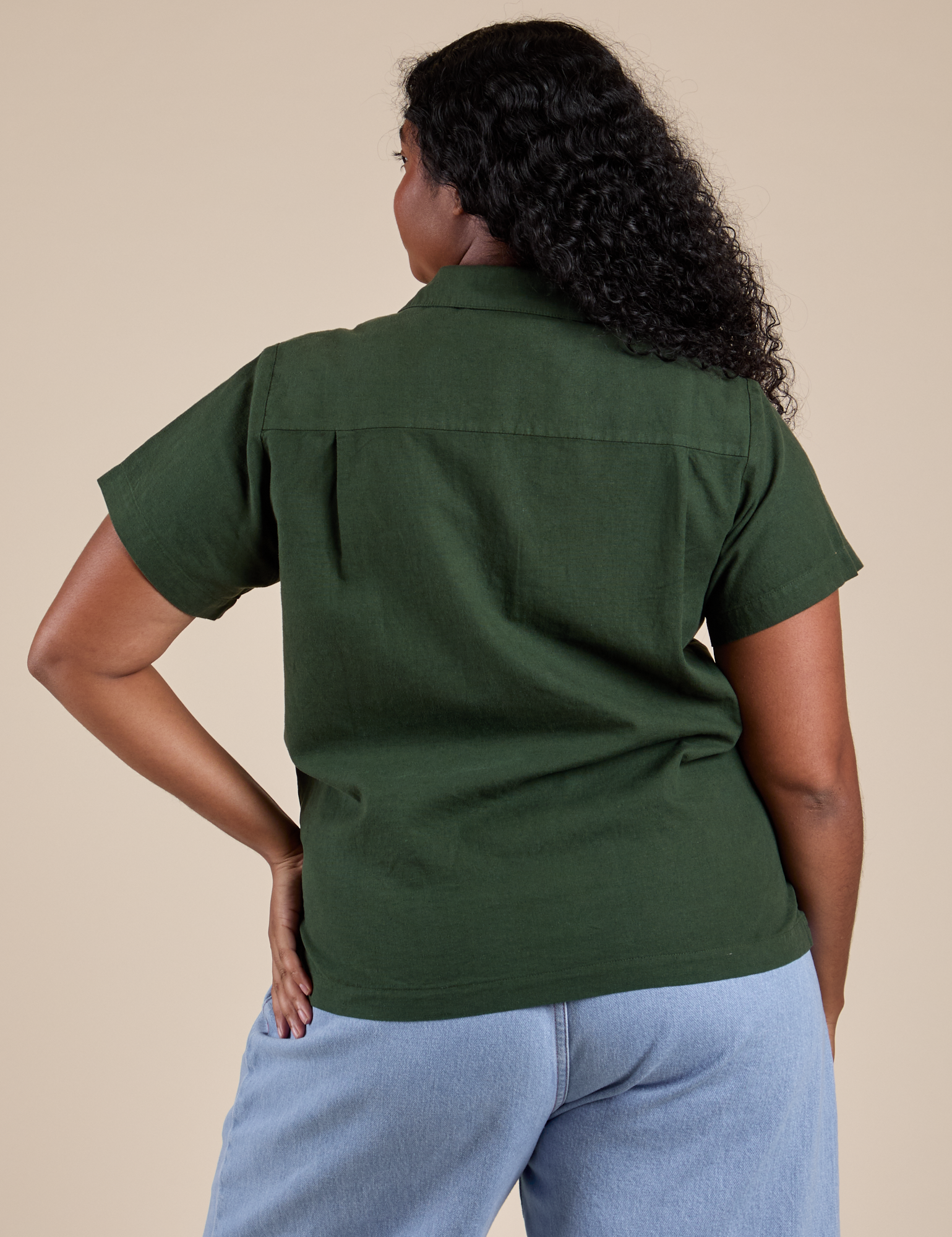 Pantry Button-Up in Swamp Green back view on Meghna