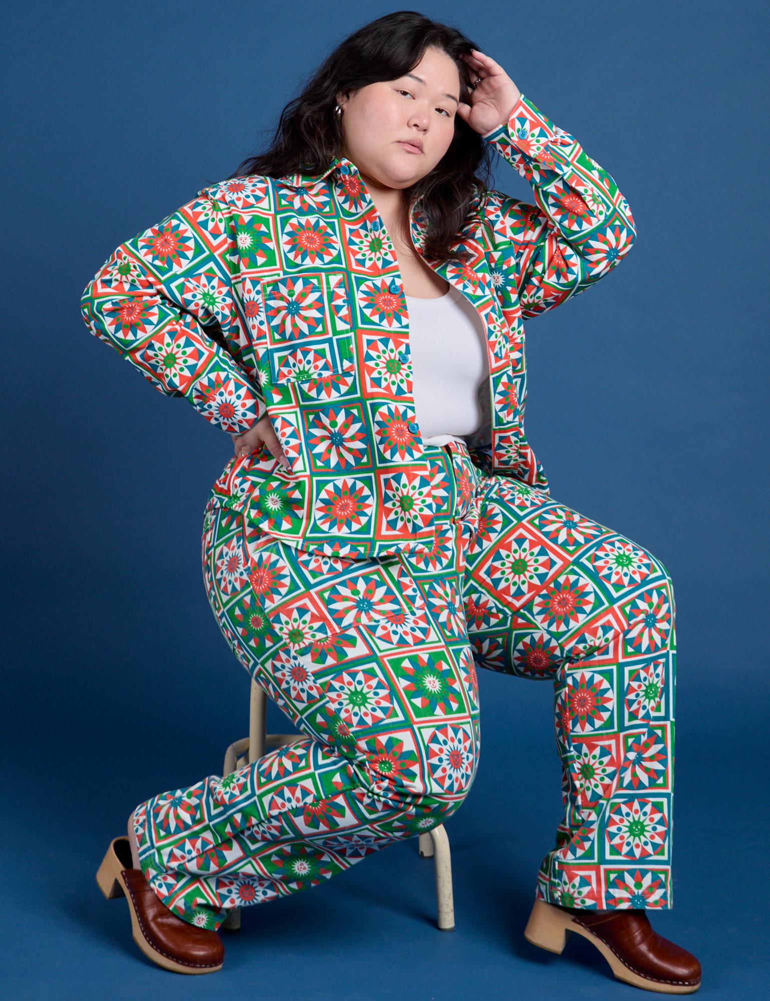 Ashley is wearing Cropped Overshirt in Quilt Print and matching Work Pants