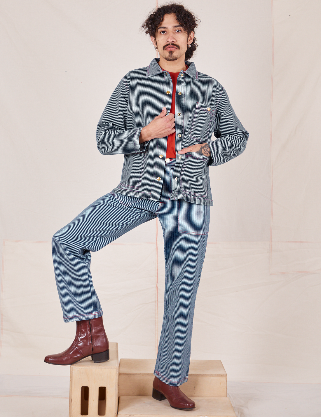 Railroad Stripe Denim Work Pants and matching Work Jacket worn by Jesse
