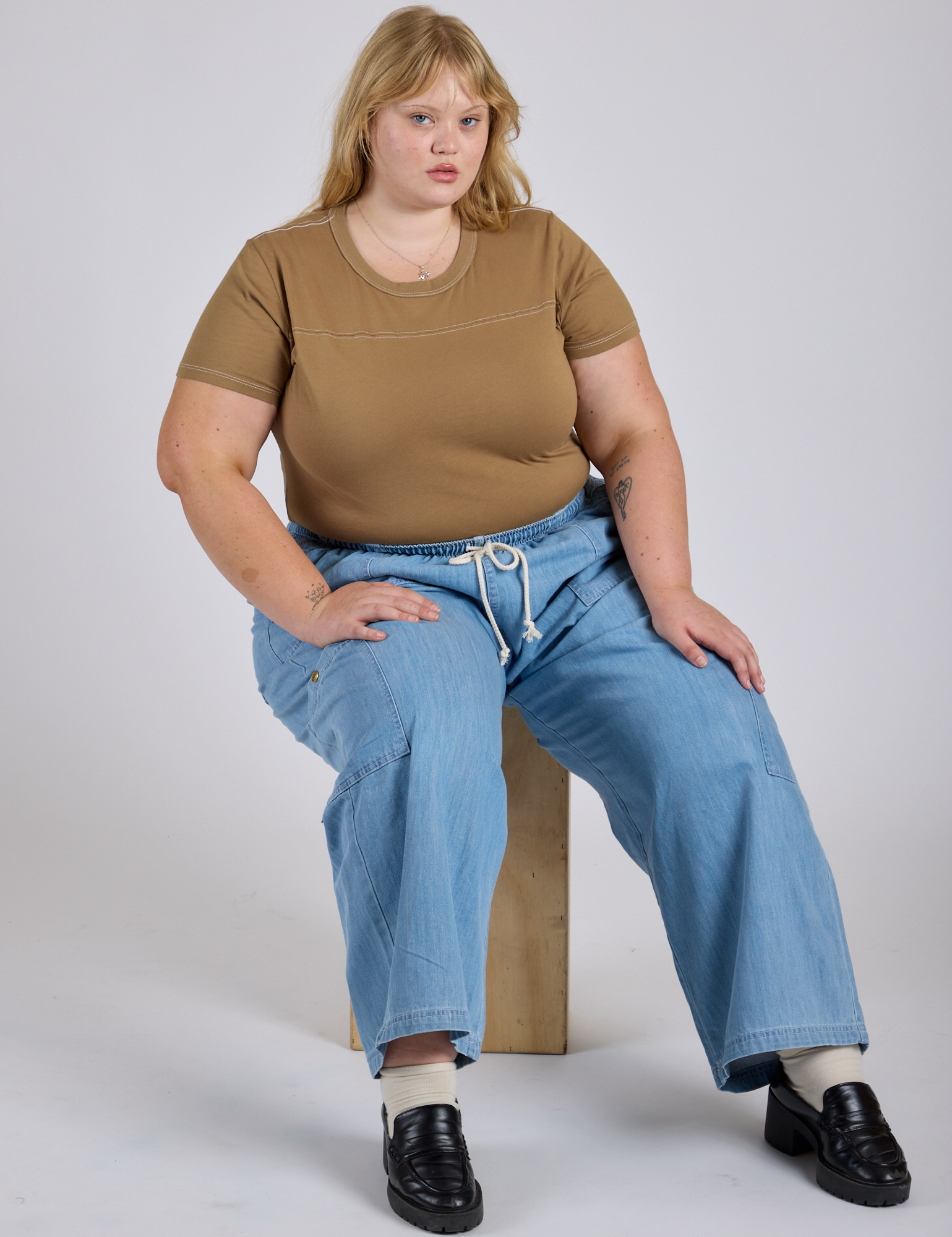 Jr. Varsity Tee in Desert Brown and light wash Denim Drop Pocket Pants