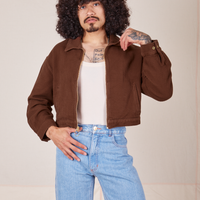 Ricky Jacket in Fudgesicle Brown, vintage off-white Tank Top and Big Bud Press jeans worn by Jesse