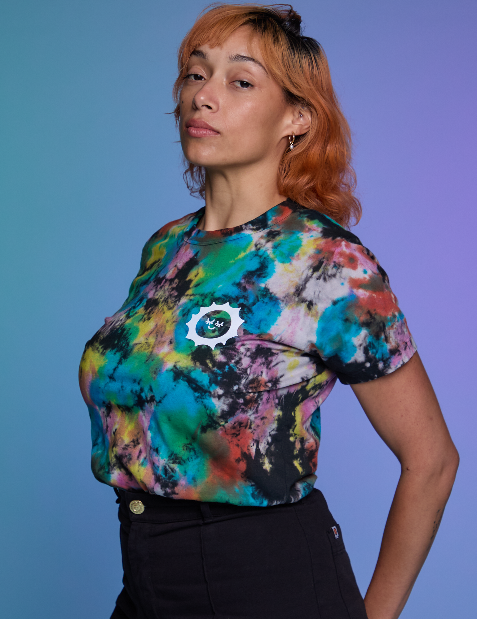 Classic Tee in Rainbow Magic Waters angled front view on Tiara