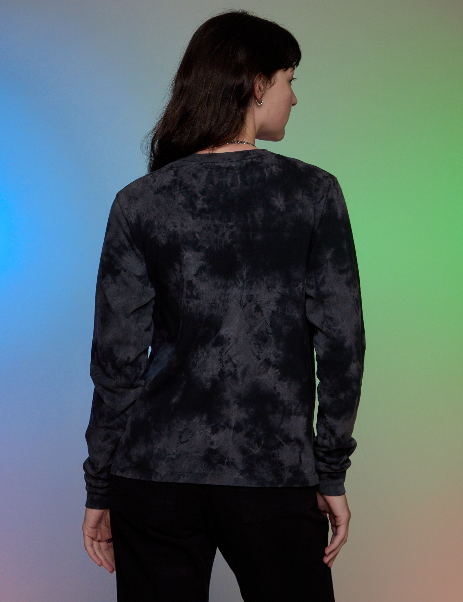 Magic Waters Long Sleeve Burly Tee in Black back view on Alex