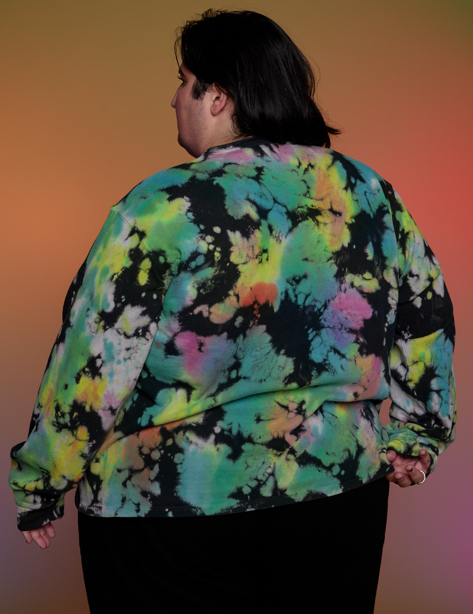 Magic Waters Long Sleeve Burly Tee in Rainbow back view on Sam