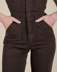 Short Sleeve Jumpsuit in Espresso Brown front close up on Alex