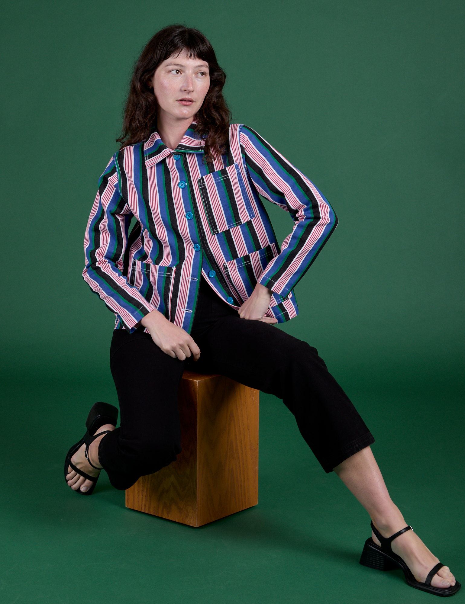 Stripe Work Jacket in Pacific Stripe and black Work Pants on Alex