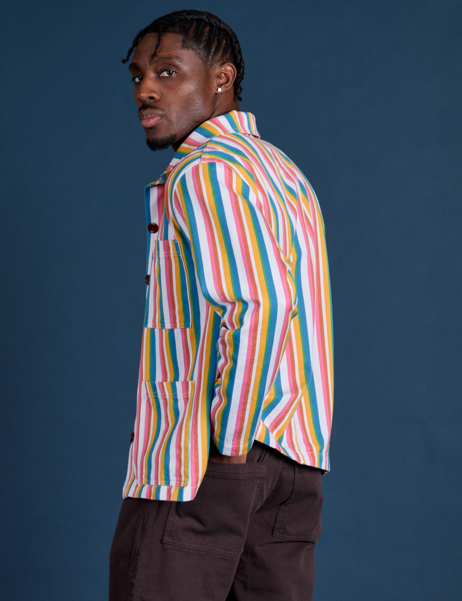 Stripe Work Jacket in Rainbow Stripe side view on Isaac