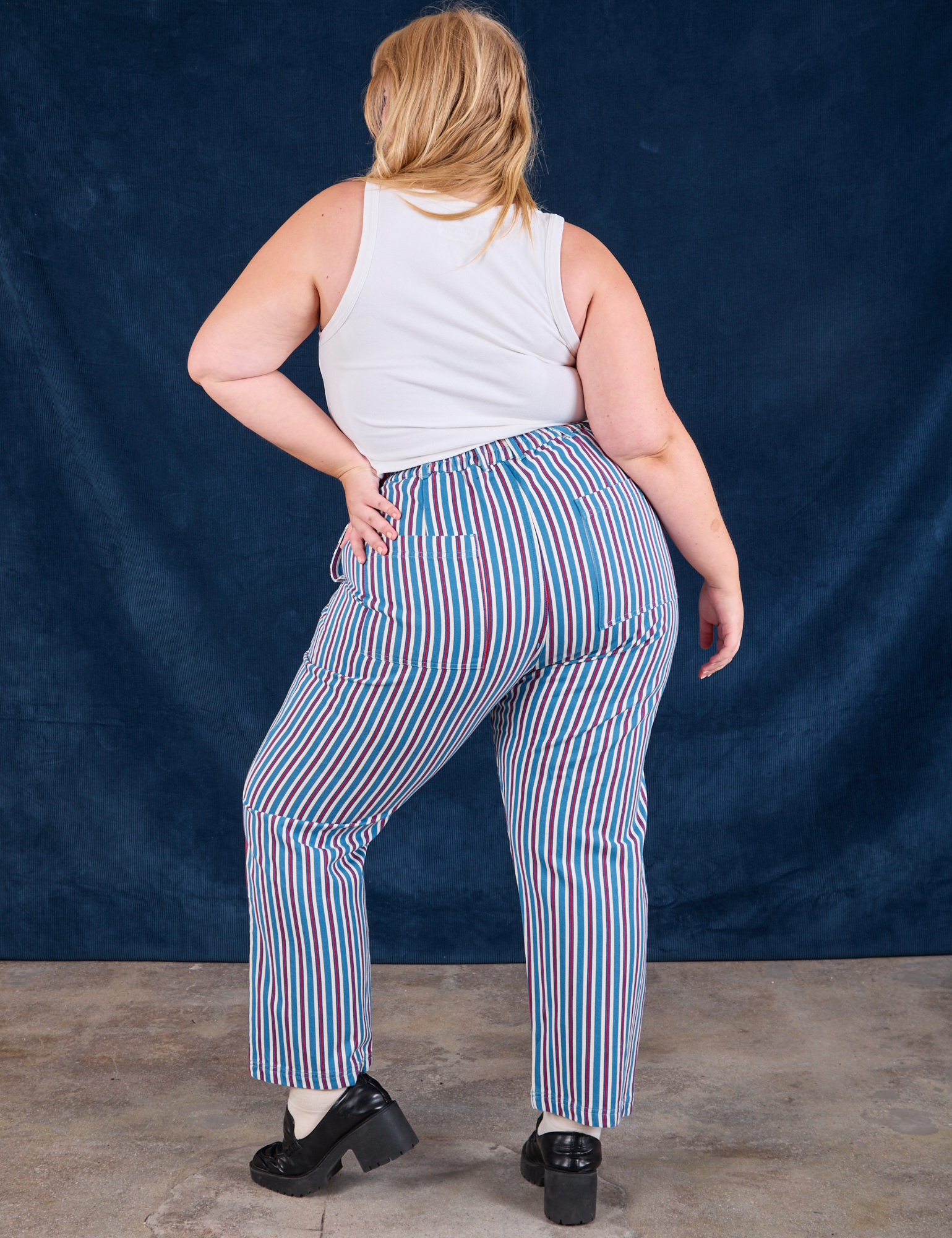 Back view of Stripe Work Pants in Blue Raspberry and Cropped Tank in vintage tee off-white on Juliet