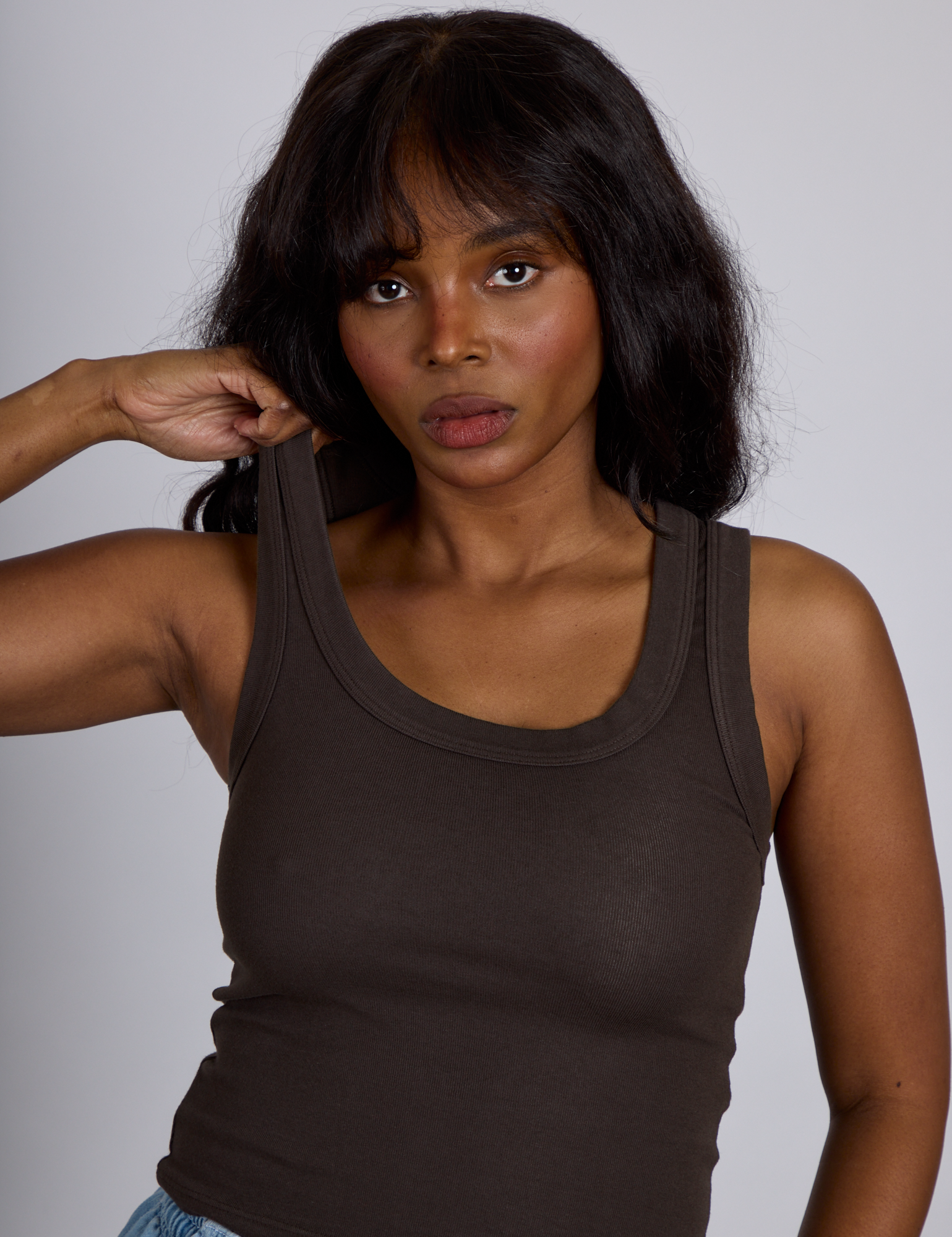 Close up of The Tank Top in Espresso Brown on Kandia