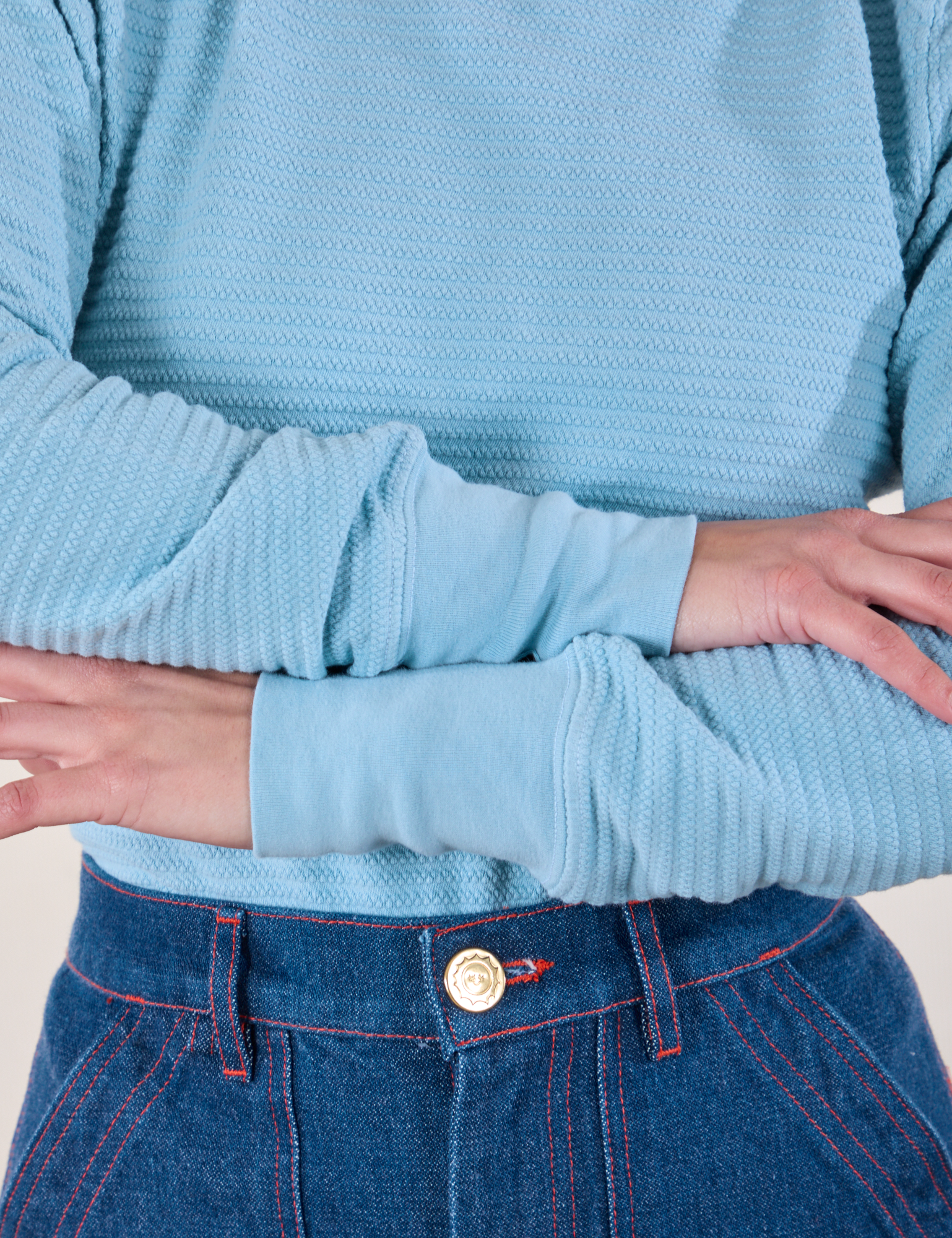 Honeycomb Thermal in Baby Blue front close up on Soraya