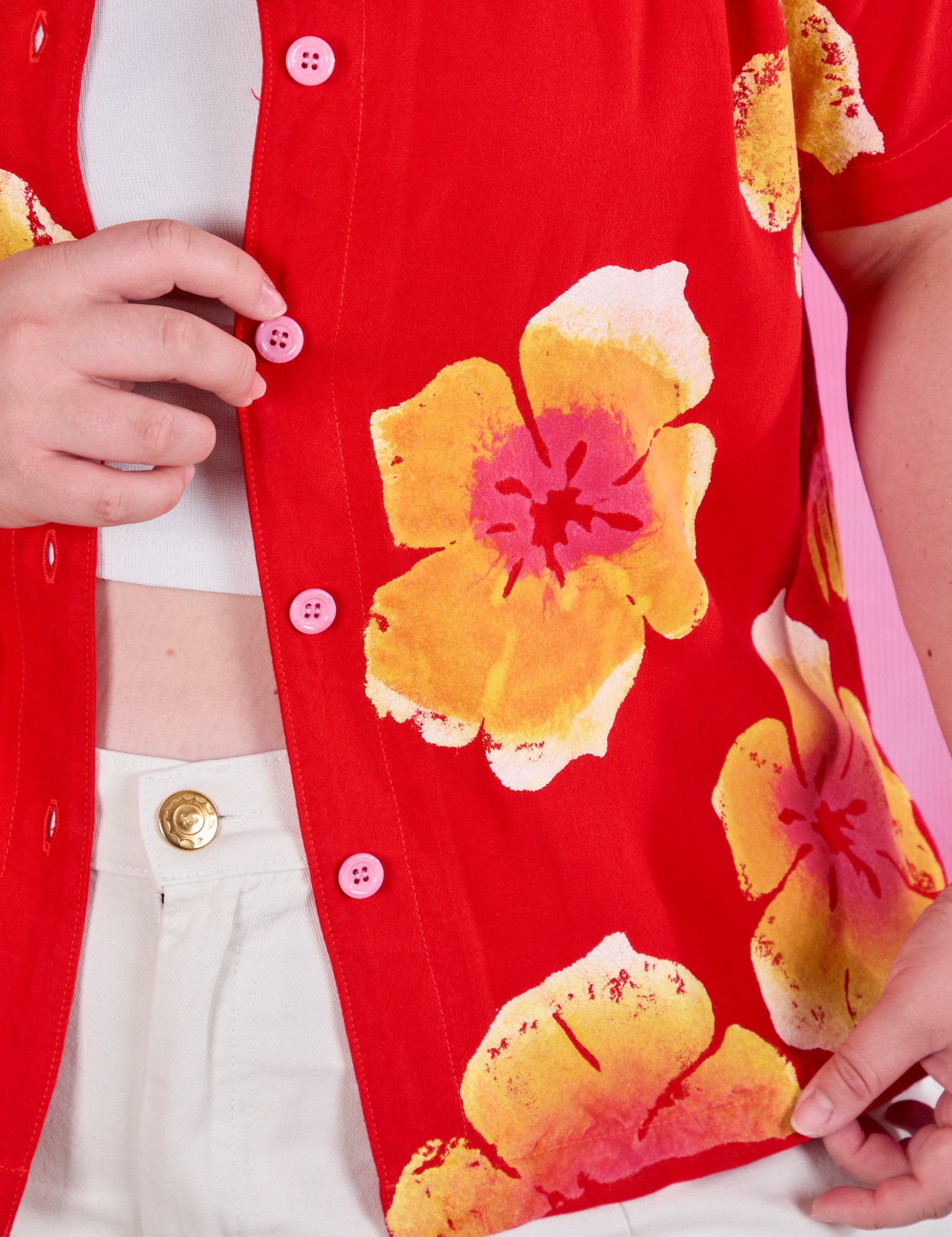 Paintstamped Pantry Button-Up in Mustang Red front close up on Ashley
