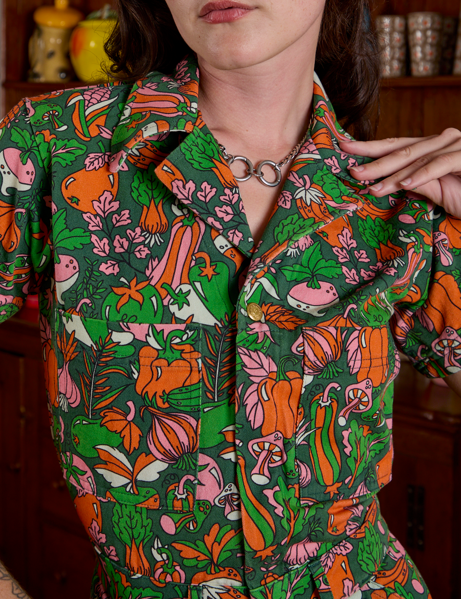 Short Sleeve Jumpsuit in Kitchen Collection front close up on Alex