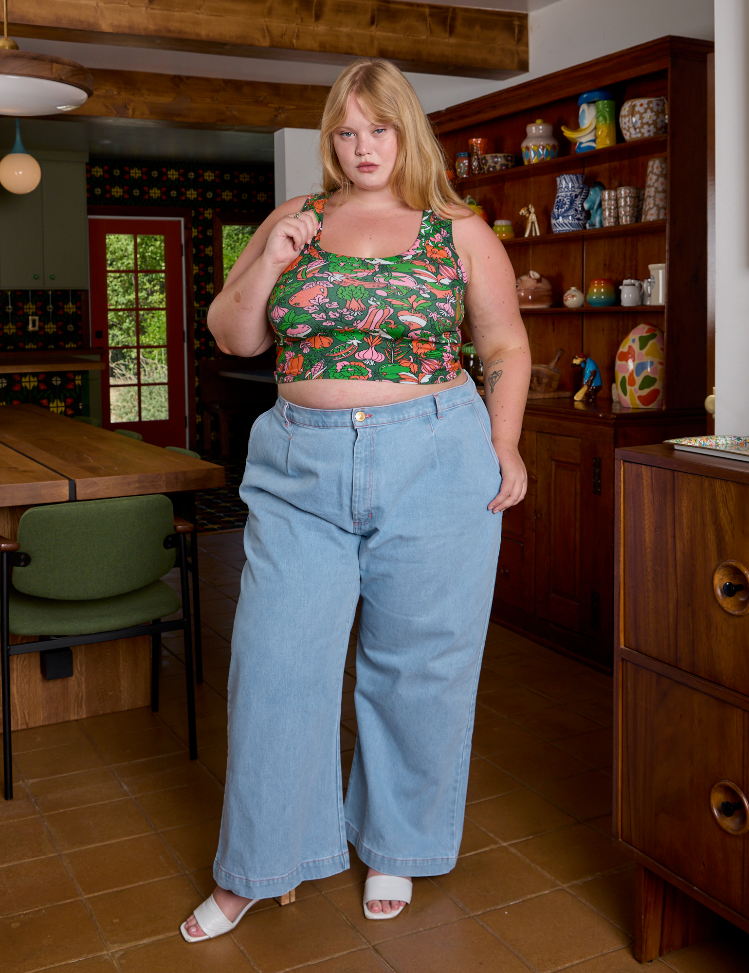 Cropped Tank Top in Kitchen Collection and light wash Indigo Wide Leg Trousers on Juliet