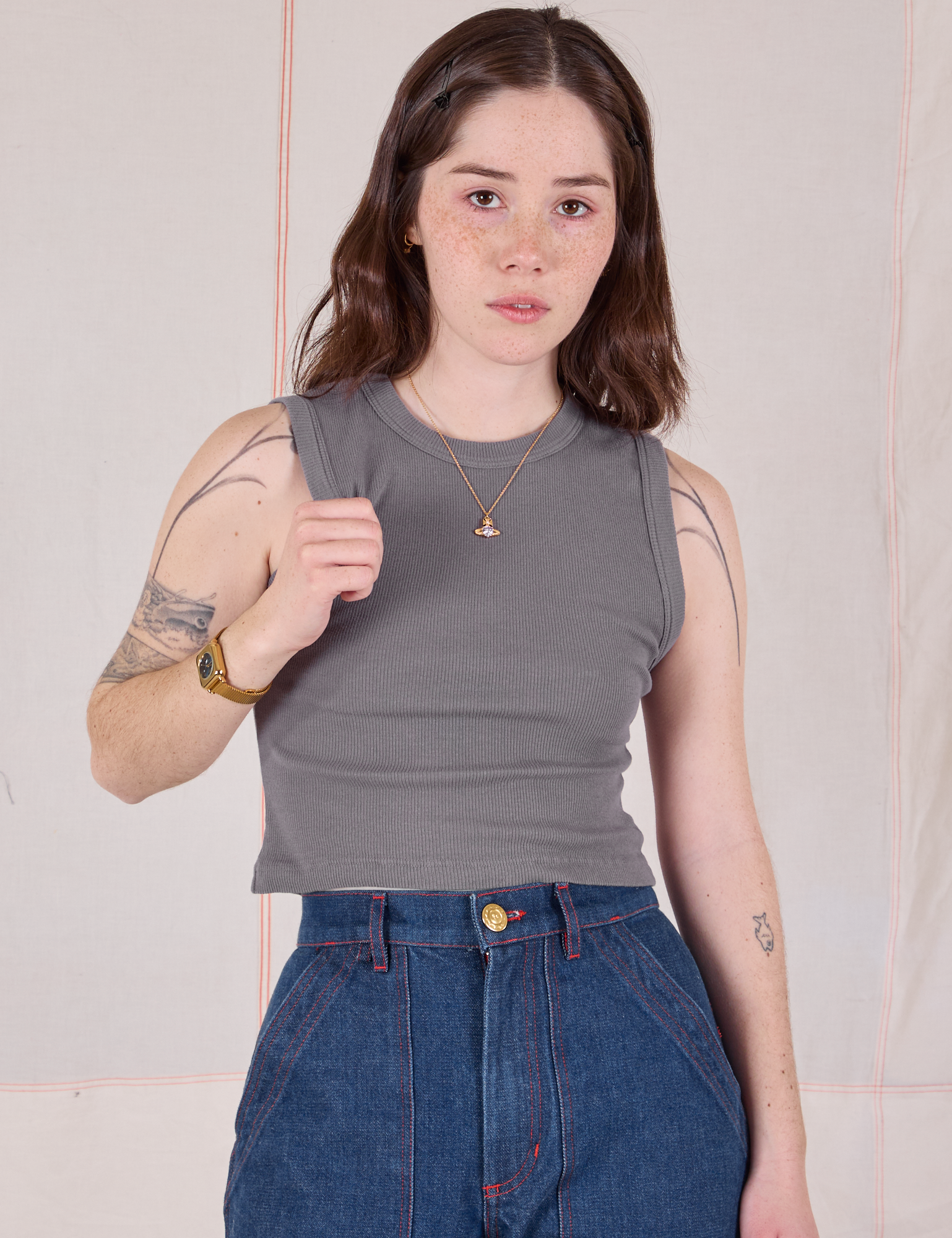 Hana is wearing Muscle Tee in Washed Grey