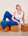 Lish is wearing Wide Leg Sweat Pants in Royal Blue and Cropped Tank in vintage tee off-white