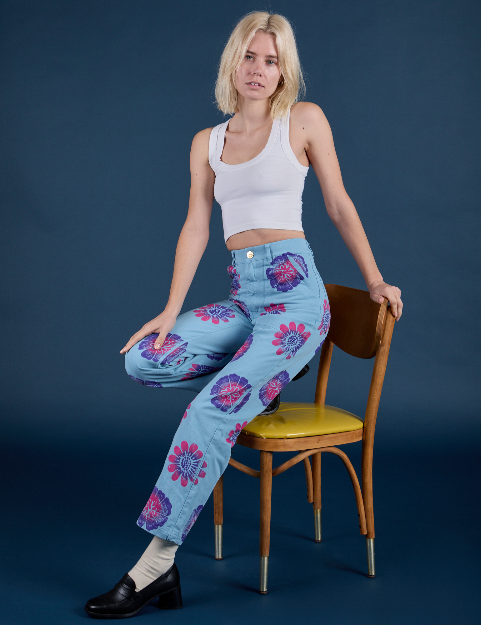 Floral Painted Work Pants in Blue and Cropped Tank in Vintage Tee White on Madeline