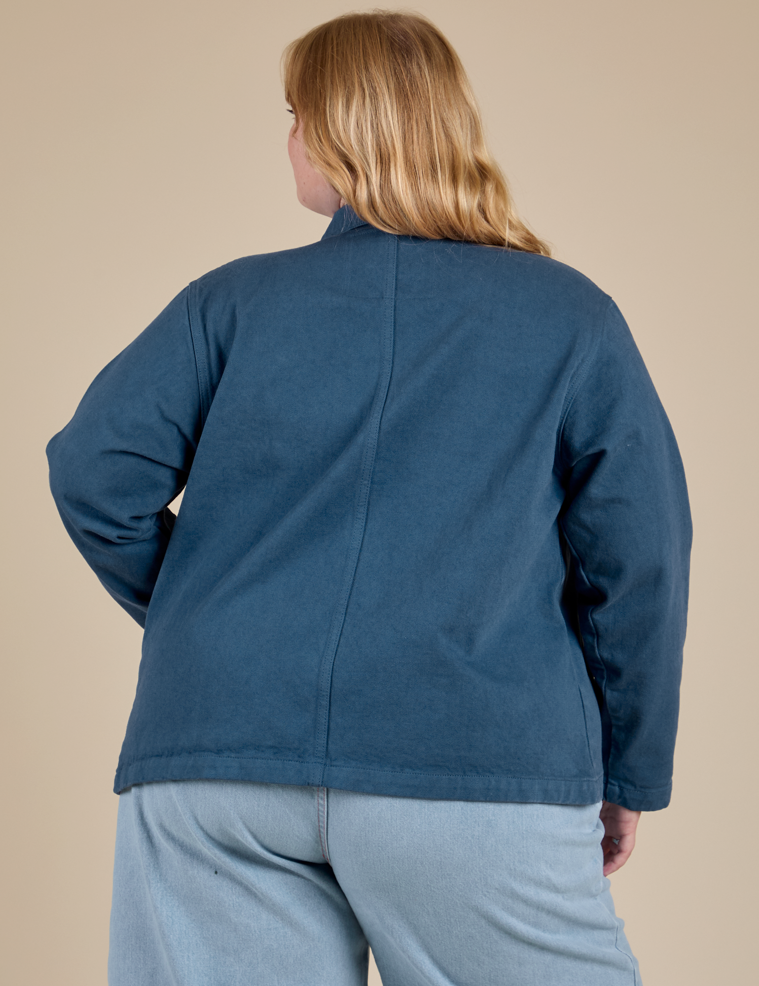 Denim Work Jacket in French Blue back view on Juliet