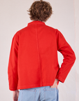 Denim Work Jacket in Mustang Red back view on Quinn