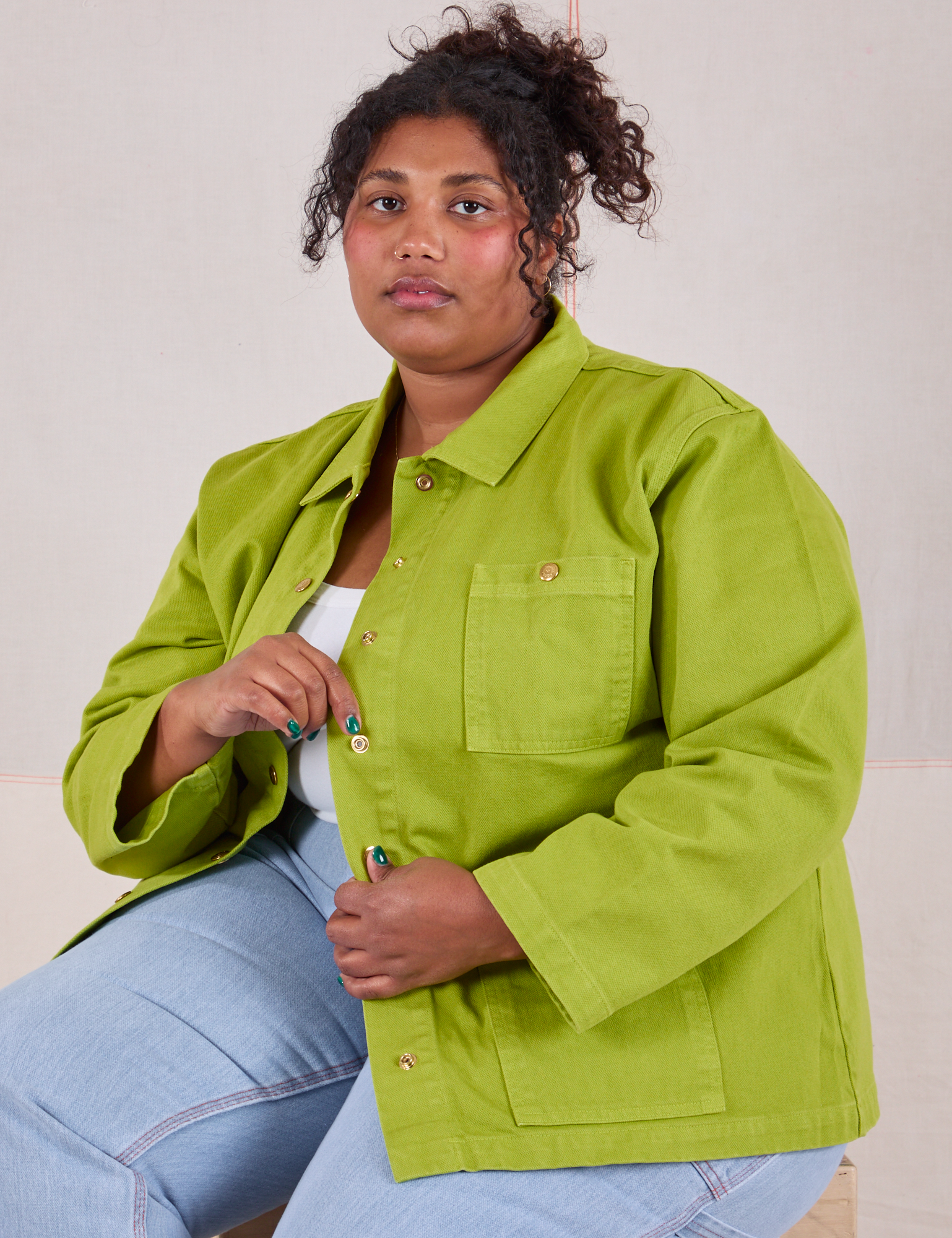 Denim Work Jacket in Gross Green worn by Morgan