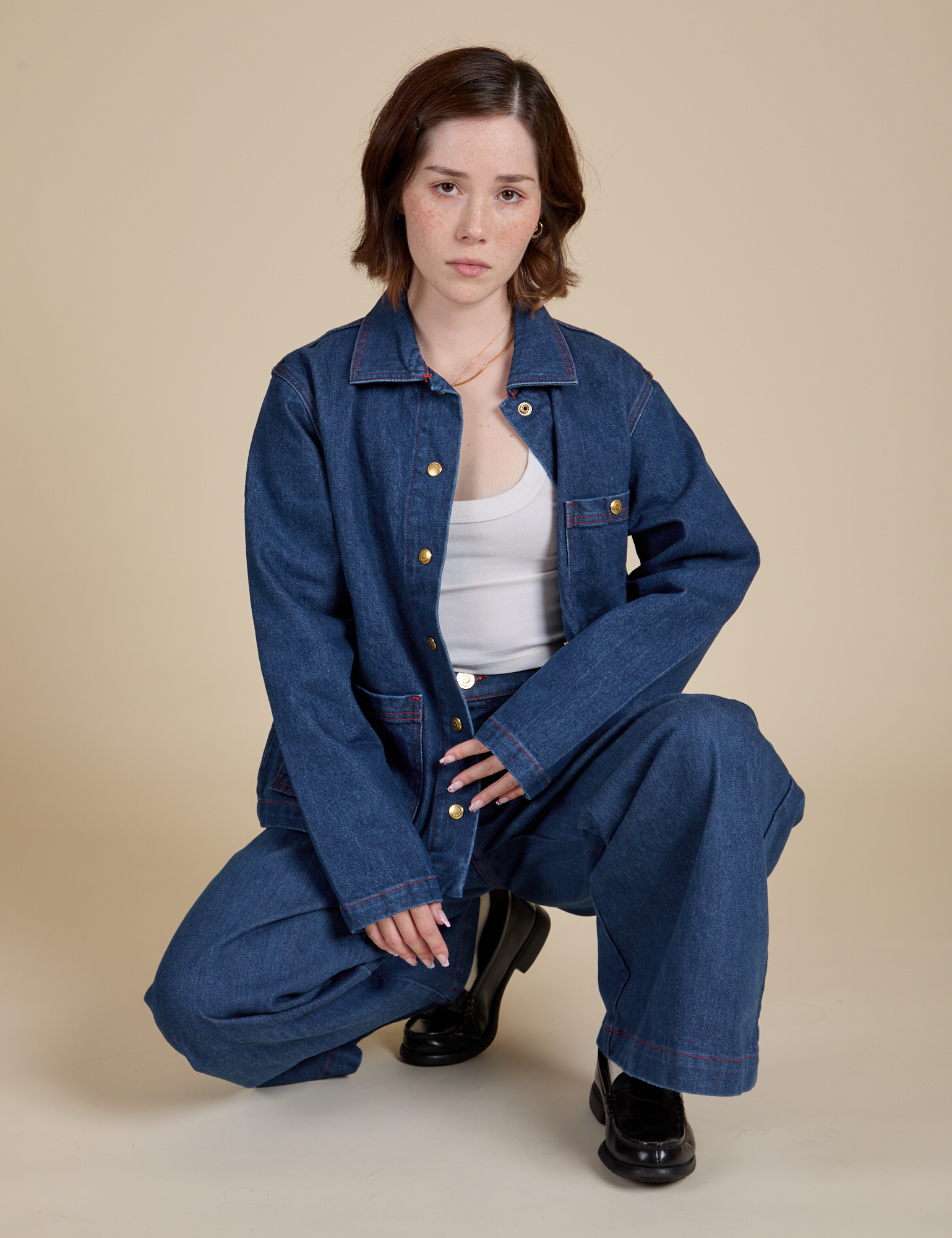 Indigo Denim Work Jacket in Dark Wash worn by Hana