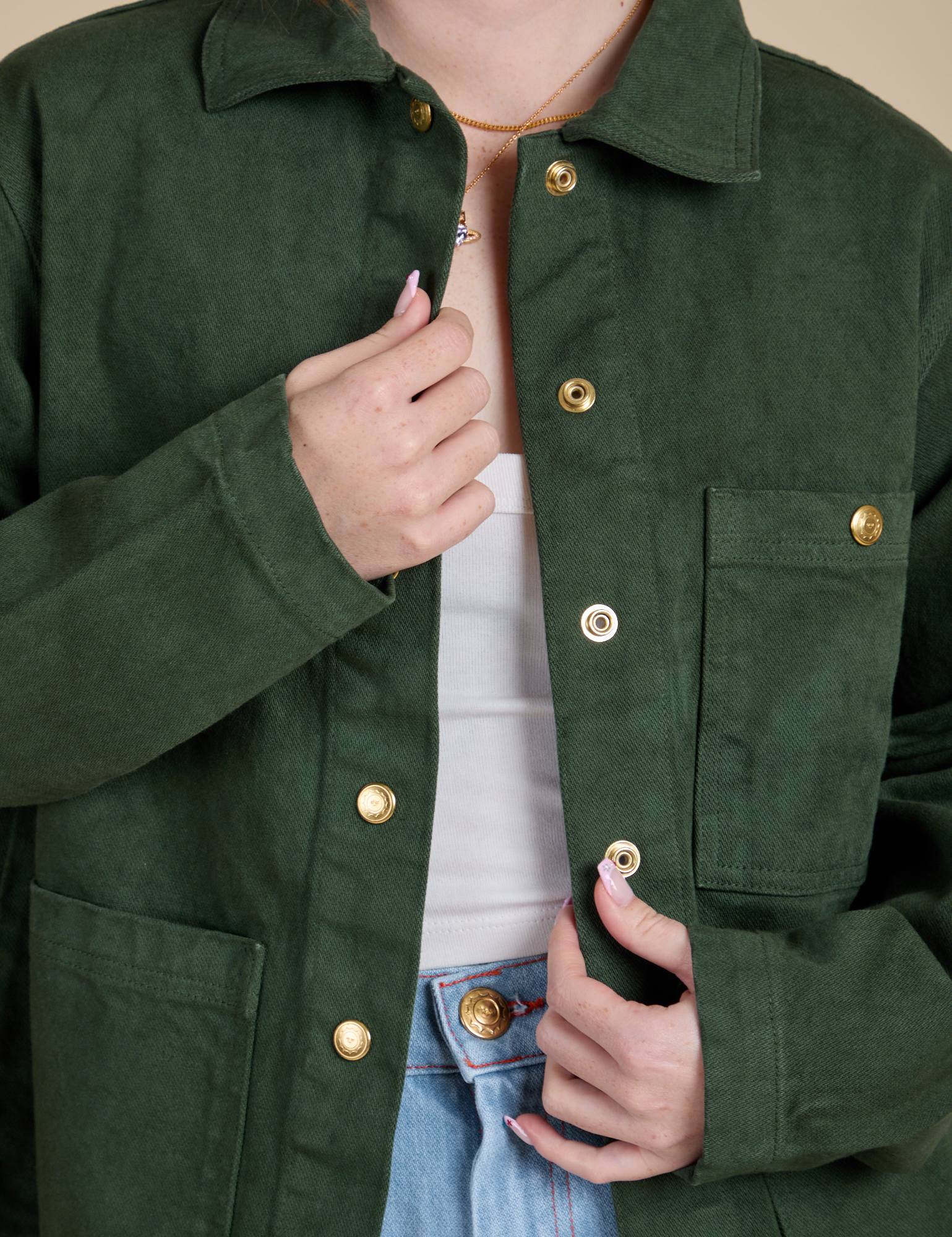 Denim Work Jacket in Swamp Green front close up on Hana