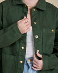 Denim Work Jacket in Swamp Green front close up on Hana