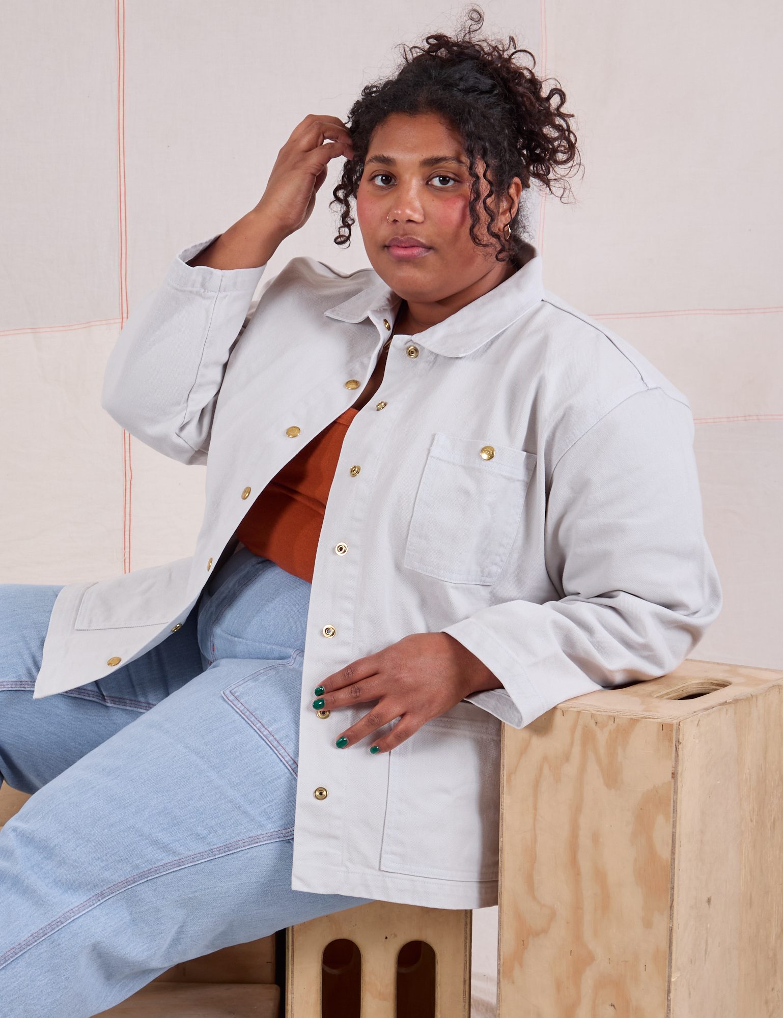 Denim Work Jacket in Stone White worn by Morgan