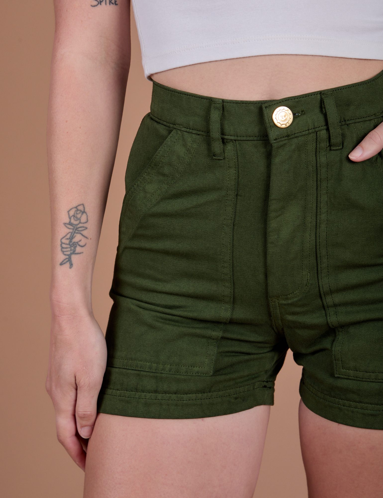 Close up of Classic Work Shorts in Evergreen on Alex