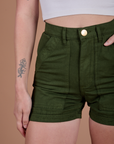 Close up of Classic Work Shorts in Evergreen on Alex
