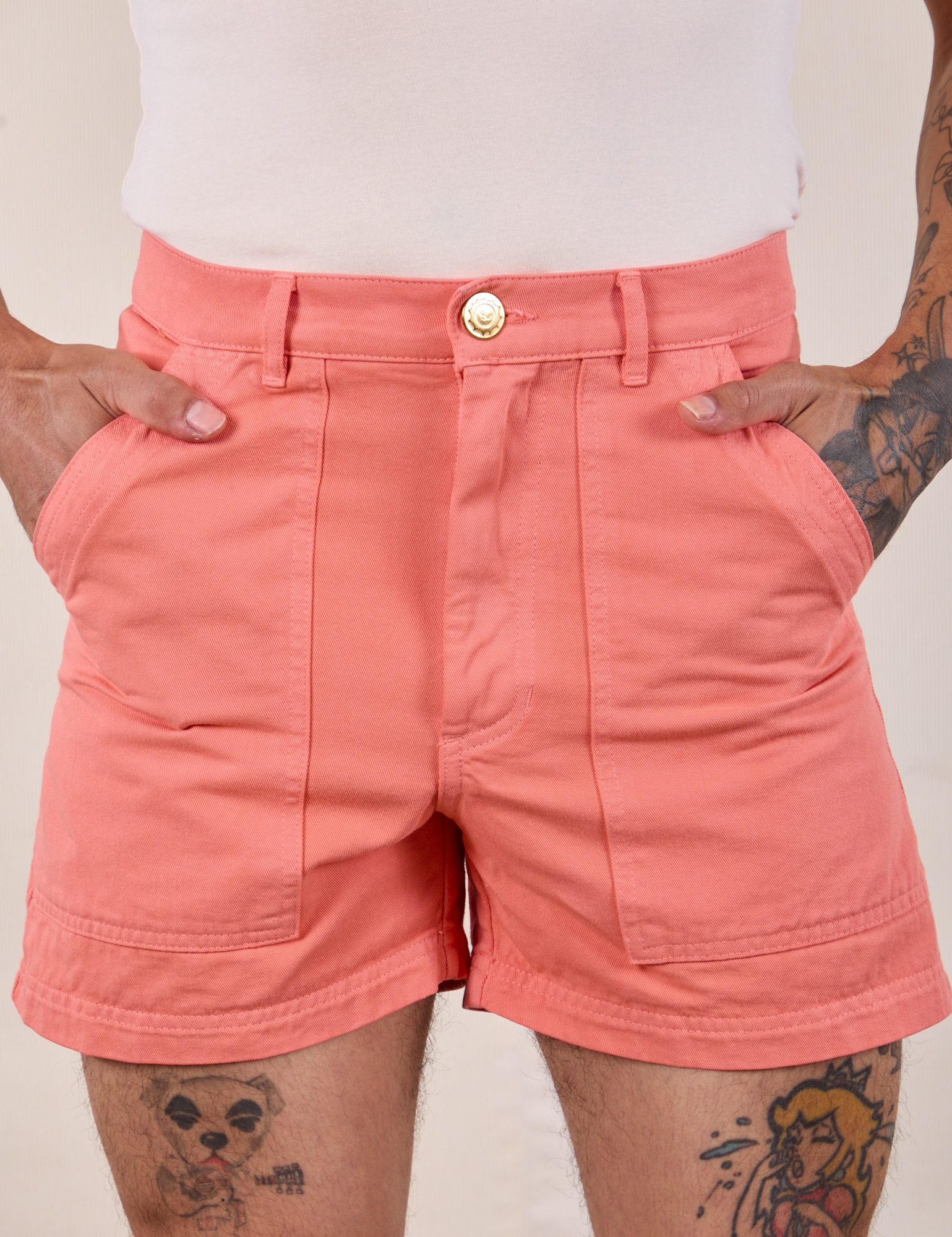 Classic Work Shorts in Flamingo Pink front close up on Jesse
