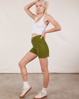 Side view of Classic Work Shorts in Summer Olive and Cropped Tank Top in vintage tee off-white